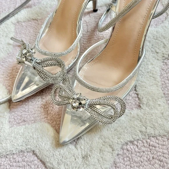 🪩 BRAND NEW VIRAL DIAMOND RHINESTONE GLAM BOW ANKLE WRAP WEDDING BRIDE HEEL - Picture 4 of 8